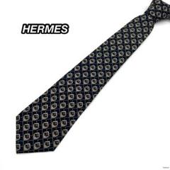 エルメス　HERMES　ネクタイ　総柄　カジュアル　シルク100%　ネイビー
