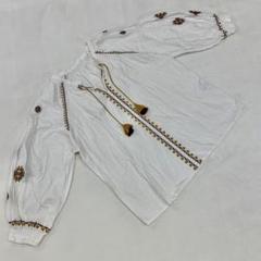 LOUNIE 刺繍ブラウス ホワイト コットン ボリューム袖 タッセル付き 40