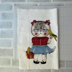 猫と鳥のイラスト綿生地 たて約30cm x よこ約20cm