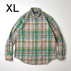 ラルフローレン 刺繍ロゴ 長袖BDチェックシャツ グリーン XL
