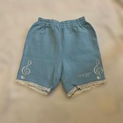 【美品】メゾピアノ 音符刺繍 レース裾 水色ハーフパンツ 100cm