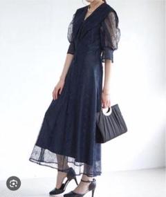 アサクラ　ロングワンピース　セーラーカラー　レース　ネイビー　ドレス