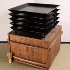 大正 輪島塗 石目 黒塗 会席膳 五客 足付 四方膳 懐石 木製