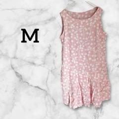 ドット 花柄 【M】ノースリーブ ワンピース ピンク ひざ丈ワンピ かわいい