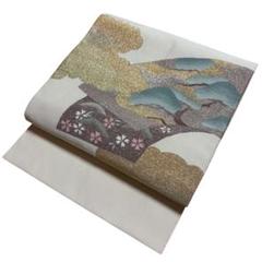 正絹開き名古屋帯、グレー、桜刺繍、金糸銀糸 名古屋帯 優品 雪輪 尾長鳥 金銀糸 箔 銀色 正絹 【中古