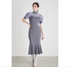 rienda パフスリーブシフォンコンビKnit OP BLU