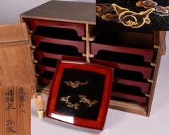 【MA700】時代木製漆器 雲雀蒔絵 吸物盆 十客 金蒔絵 黒塗溜塗 足付四方膳 MA700】時代木製漆器 雲雀蒔絵 吸物盆 十客 金蒔絵 黒塗溜塗 足