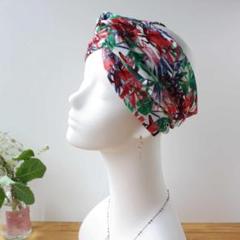 夏の夕暮れボタニカル柄 くったりニットヘアバンド（red）/幅広ターバン