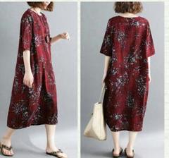 新品ゆったりプリント花柄半袖ワンピースレディース痩せ大きいサイズ綿麻