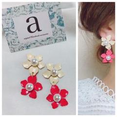 2300-4 アイボリー×レッド☺︎2連カラーフラワーパールピアス☺︎