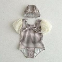 【新品】 お値引き！ ベビー　水着　80 90 チェック柄　帽子付き　海　プール