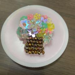 ビーズ刺繍　スパンコール　ブローチ　ハンドメイド　花束　植木鉢
