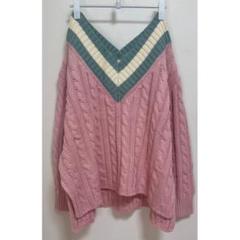 紙タグ付き Vネックケーブルニットpink×mint♢SeaRoomlynn