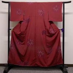 抽象花模様　ワインレッド　花模様　小紋　着物　081t