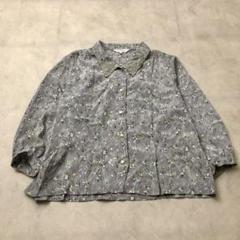 昭和レトロボタニカル柄七分袖シャツブラウス刺繍襟パールボタン渋かわグレー古着