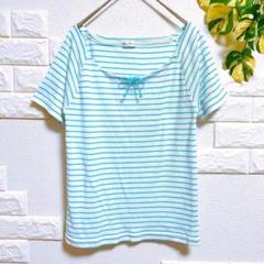 Tシャツ　半袖　L　ボーダー　スクエアネック　マリン　女っぽ　タイト　リボン
