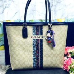 A4可 美品 コーチ レザー トートバッグ シグネチャー 眠れる森の美女 紫 タイムセール 未使用に近い COACH コーチ トートバッグ