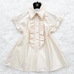CHANEL シャネル シルク100％ フリルブラウス ココマークボタン 38 CHANEL シャネル シルク100％ フリルブラウス ココマークボタン