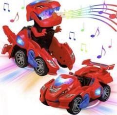 恐竜 変形ロボット 車 おもちゃ 変形 変身 LED 光音付き 赤 レッド