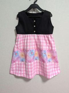 ハンドメイド　ノースリーブ　花柄×チェック　ワンピース