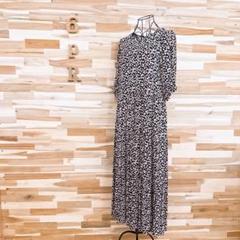【ザラ】レーヨン 花柄 ティアード ロング ワンピース 総柄 L 黒×ピンク