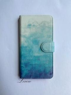 全機種対応 手帳 見開き スマホ 携帯 ケース 水色 スカイブルー 水彩風