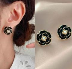 s68☆ヒット商品☆カメリア ピアス レディース 黒色 アクセサリー☆536