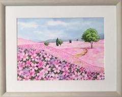 透明水彩画　原画　「ひまわりの丘05」額縁付　４Fサイズ　風景画 透明水彩画 原画 「ひまわりの丘05」額縁付 4Fサイズ 風景画