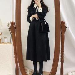 ロングワンピース 大きいサイズ ロング丈 襟付き 長袖 黒 ミモレ丈 フレア シ