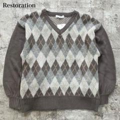 新品タグ付 レストレーション【M】ニットウェア ダイアゴナルチェック Vネック