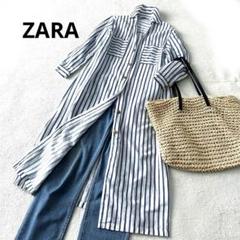 ZARA ザラ コットン リネン シャツワンピース 金ボタン ロング ストライプ
