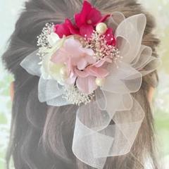 アーティフィシャル紫陽花とふんわりリボンのヘッドパーツ♡ホワイトピンク♡カスミ草