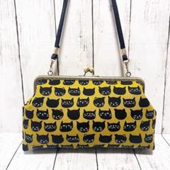 猫柄 がま口バッグ 合皮ショルダー付き ハンドメイド