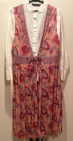 新品【S-Mサイズ】ANOKHI ピンクオレンジ系 木版　ワンピース　ドレス 新品【S-Mサイズ】ANOKHI ピンクオレンジ系 木版ワンピースドレス