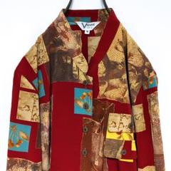 ノーカラー 総柄シャツ 長袖 柄シャツ 絵画 アート レトロ 昭和 ガラシャツ