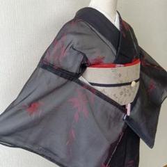 黒系　花模様　風通紗・夏・薄物・単衣　正絹　仕付け糸付き