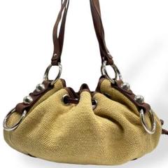 極美品　GIANNI CHIARINI ハンドバッグ　リネン　レザー　ブラウン