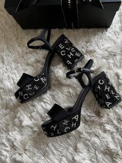 CHANEL Grosgrain & Strassブラック シルバーサンダル
