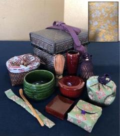 Ｓ７１７　御所籠　『茶籠』『在銘』『茶器揃』　茶道具 御所籠・茶箱セット 一揃え 象牙茶杓付 古帛紗5枚 | 古美術ささき