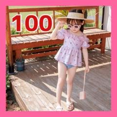 【新品】キッズ水着 100 女の子 オフショル ピンク チェリー ワンピース風