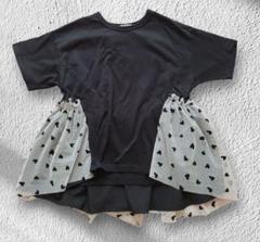 ペアマノン　130 黒のハート柄フリル付きチュニック Tシャツ　女の子