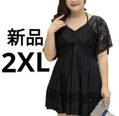水着 レディース ワンピース　黒水着 大きめ　ブラック　黒　2XL ワンピ