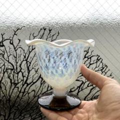 骨董　時代ガラス　希少 クルス紋　花型フリル　薄茶脚付　氷コップ　１客 骨董 時代ガラス 希少 クルス紋 花型フリル 薄茶脚付 氷コップ