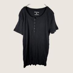 1518Clothing半袖リブTシャツ黒ラウンドネック前ボタンゆったりLL無地