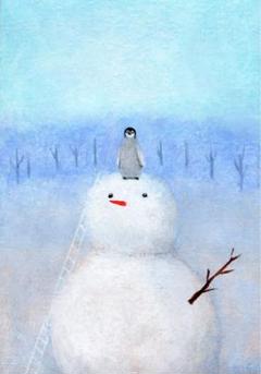 絵画 雪だるまとペンギン 2 A4サイズ 原画 額縁無し 絵画