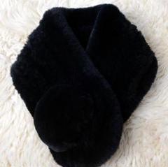 新品◆ボンボン付き★上品なレッキスの編込みマフラー 黒/毛皮 ファー