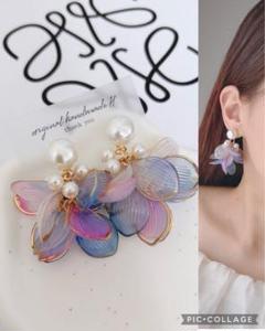 再販♡ぷっくりパール×じゃらパール×パープルゴールドひし形花びらピアスイヤリング