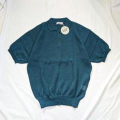 【vintage】80sリネン製シアー生地半袖ニットポロ　グリーン　透け感