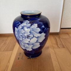 有田焼花瓶 濃紺 花柄 丸型