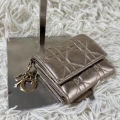 【美品】ディオール 三つ折り財布 カナージュ チャーム ラムレザー ゴールド